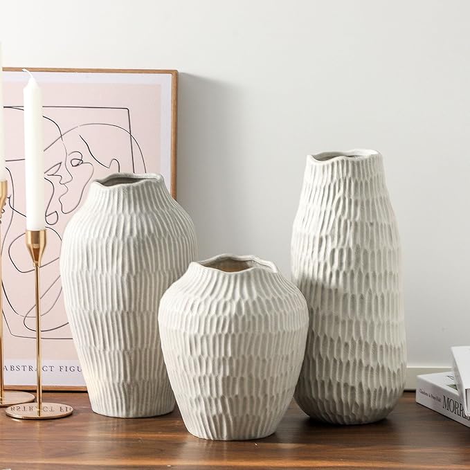 12.6 Inch Grey Modern Handmade Ceramic Vase, Rustic Farmhouse Decorative Flower Vases for Home Decor,Pampas Grass Bouquet, Living Room,Kitchen,Office,Bedroom,Centerpiece Table-VerdiqueGarden