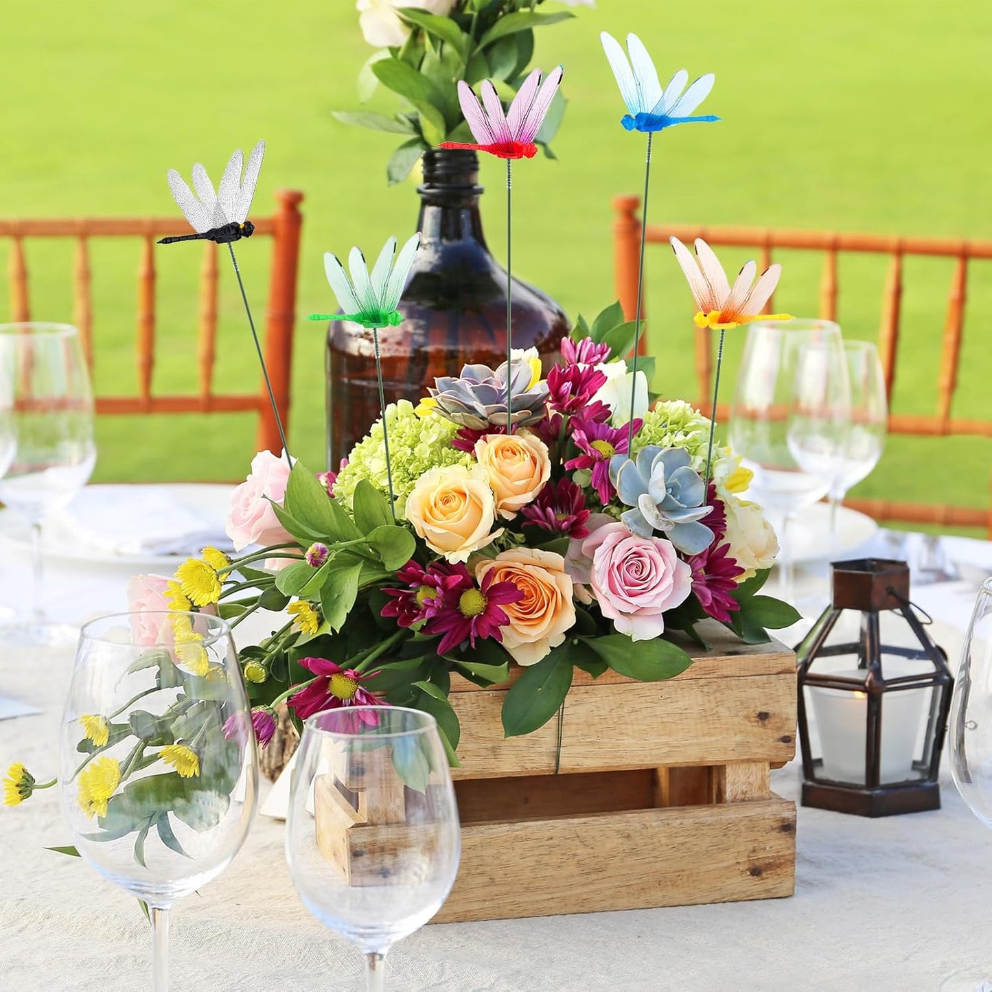 Leinuosen 100 Pcs 3.35" 3D Dragonfly Garden Stakes, Long Dragonfly Stakes Garden Decor Indoor Outdoor Yard Ornaments Flower Pot Patio Decoration(Red, Yellow, Blue, Green, Black)-VerdiqueGarden