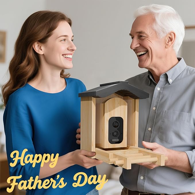 Bird Feeder with Camera, Smart Bird Feeder for Outdoors, Wild Birds Feeders with Solar Panel Bamboo Birds House Camera for Birdlovers, AI Auto Capture Birds & Real-time Notification (Gable)-VerdiqueGarden