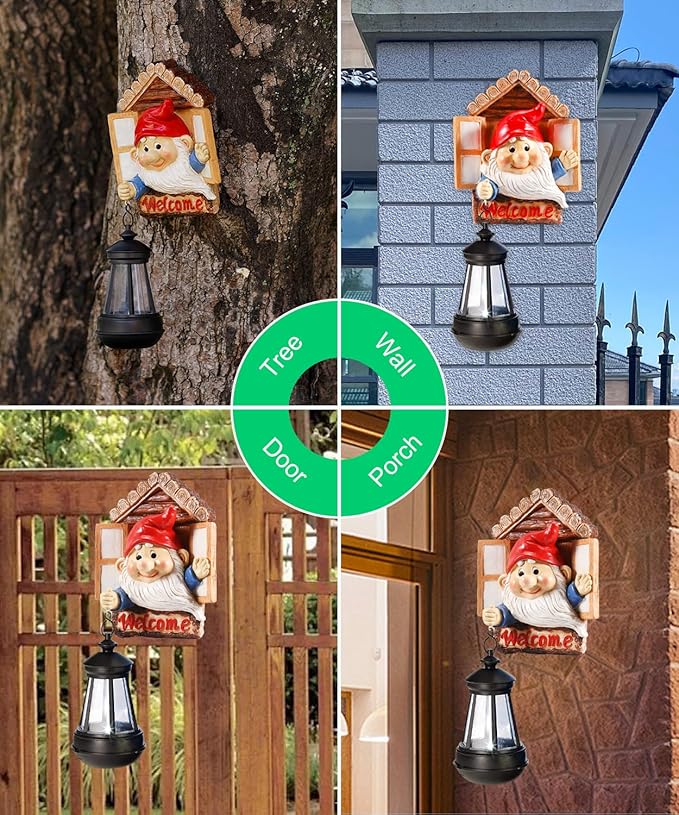 Gnome Tree Hugger with Solar Lantern - 10.6 Inch Resin Gnome Statue for Outdoor Garden Decor, Ideal Gnome Gifts and Gnome Statue Outdoor for Gnome Lovers-VerdiqueGarden