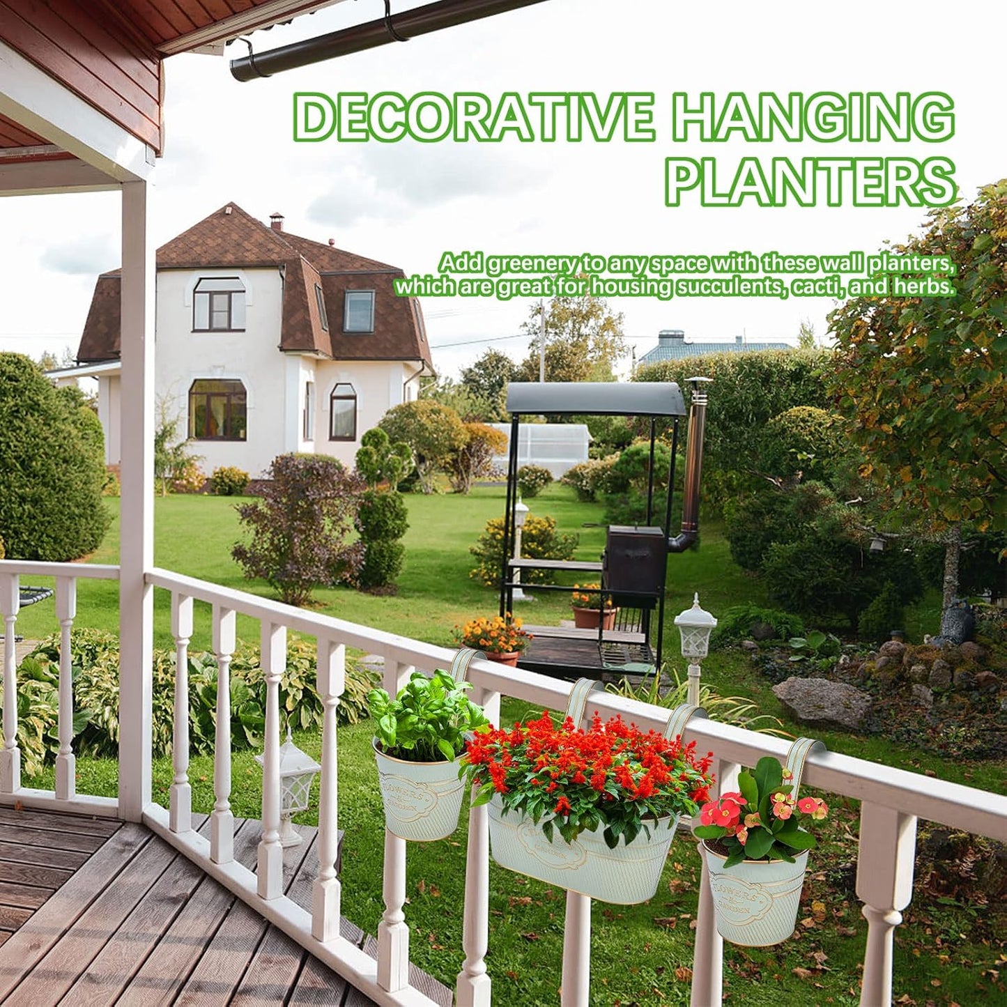 PerGar Vintage Metal Iron Wall Hanging Flower Pots, Rustic Planter Bucket Herb Flower Plant Holder with Detachable Hooks & Drainage Hole for Railing Fence Balcony Deck Garden Home Decoration, Set of 3-VerdiqueGarden