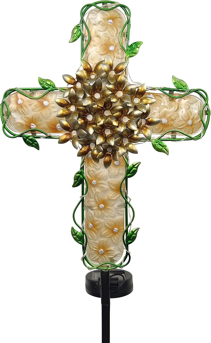 38inch Solar Cross Garden Lights Outdoor Decorative - Solar Metal&Glass Cross Apricot Hydrangea Flower Stake Lights- Waterproof 20 White LED for Remembrance Gifts & Sympathy Gifts-VerdiqueGarden