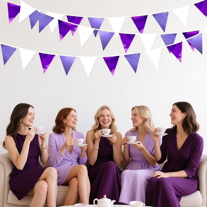 Purple and White Party Decorations Metallic Fabric Ombre Purple White Triangle Pennant Banner Flag Bunting for Graduation Birthday Engagement Wedding Bachelorette Lavender Lilac Violet Party Supplies-VerdiqueGarden