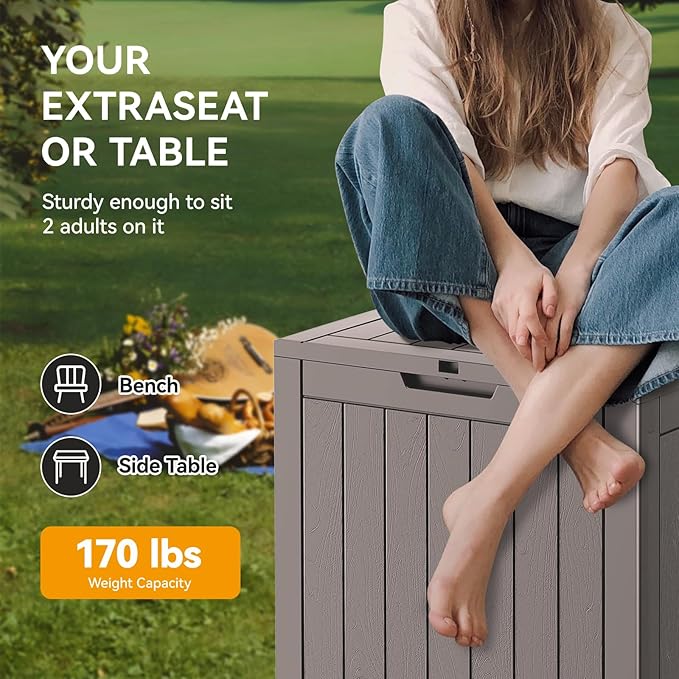 KAMABOKO Deck Box, 32 Gallon Resin Indoor and Outdoor Storage Boxes Waterproof for Garden Tools, Pool Accessories Storage Bench, Patio Furniture and Cushions with Lockable Lid, Grey-VerdiqueGarden