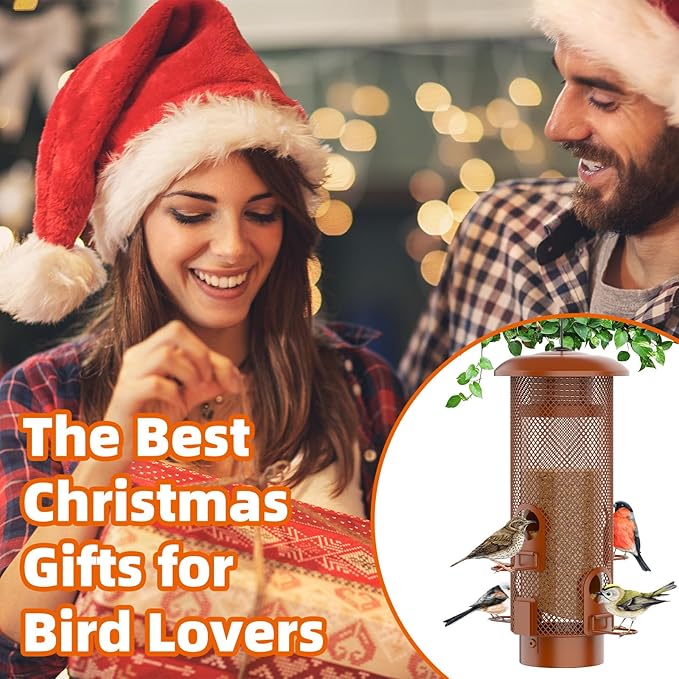 Metal Squirrel Proof Bird Feeder,Bird Feeders for Outdoors,Weight Activated Squirrel Proof Wild Bird Feeders with Finch Cardinal Chickadee,Large Capacity,Weatherproof and Durable,Reddish Brown-VerdiqueGarden