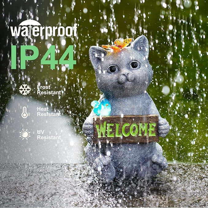 Solar Cat Figurine Garden Statues : Outside Welcome Cat Statue with Butterfly for Garden Decor and Yard Decorations - Unique Gifts for Women and Mom-VerdiqueGarden