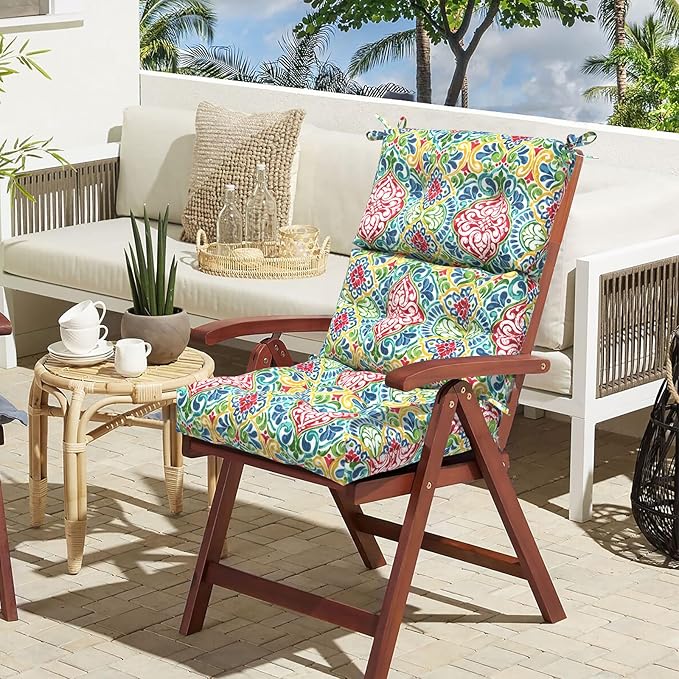 LVTXIII Outdoor Seat/Back Chair Cushion Patio Tufted High Back Cushion, Seasonal Replacement Rocking Chair Cushion with Ties, 22” W x 20D”, Set of 2, Damask Red-VerdiqueGarden