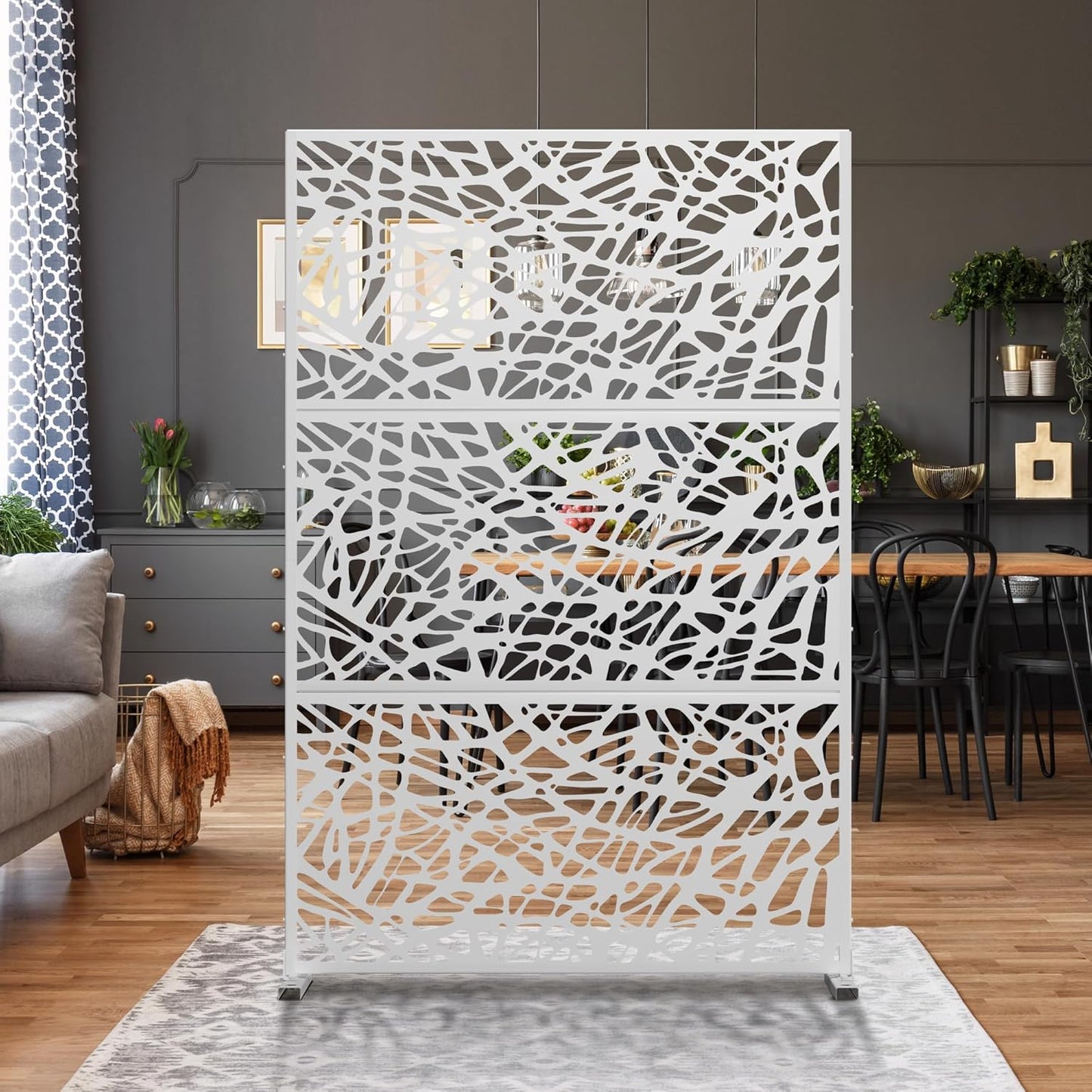 Metal Privacy Screen Outdoor 72" H×47" W,Freestanding Decorative Privacy Screen for Balcony Yard&Garden,Privacy Fence-White&Net-VerdiqueGarden