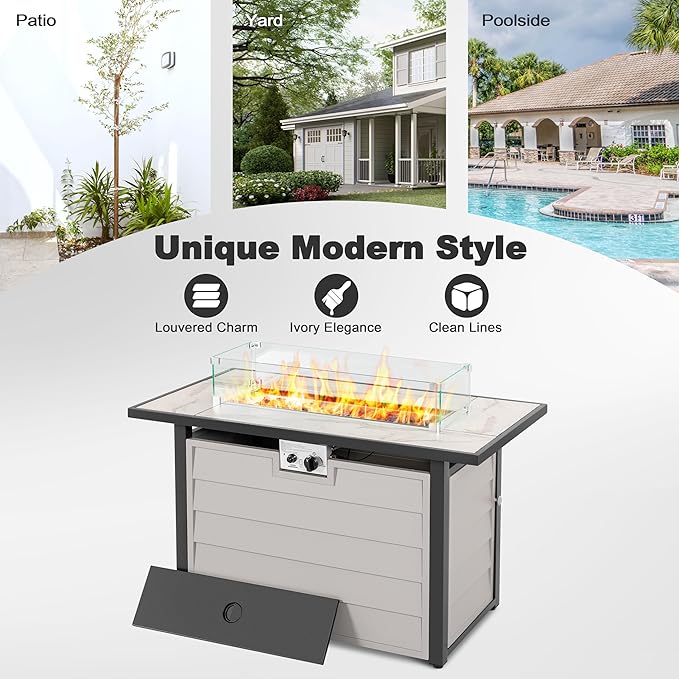 Nuu Garden 43'' Patio Propane Fire Pit Table, 50,000 BTU Gas Fire Pit with Marble-Textured Glass Top, Wind Guard, Lid, Glass Beads, CSA-Certified, 2-in-1 Outdoor Table for Gatherings, Ivory White-VerdiqueGarden