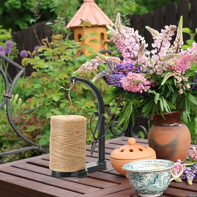 Sungmor Cast Iron Garden Twine Holder Set - 1300ft. Natural Jute Twine String & Rope Rack & Scissors - Decorative & Practical Home Arts Crafts Tools for Picture Display Gift Wrapping Packing Gardening-VerdiqueGarden