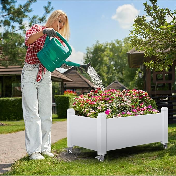 Horticulture Garden Bed with Legs, Divisible Resin Planter Box for Backyard, Patio, Balcony, with 4 Legs, 4 Swivel Lockable Wheels(Ashen,30.04 * 17.72 * 17.56)-VerdiqueGarden