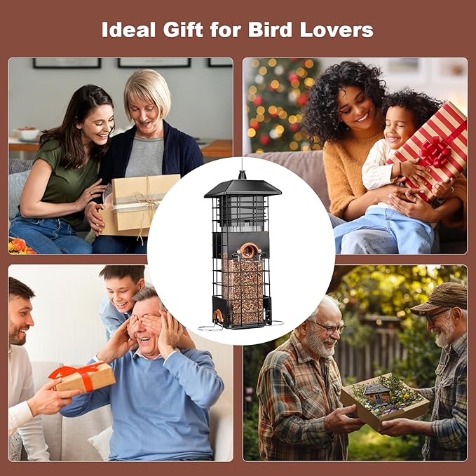 Squirrel Proof Bird Feeder - Metal Outdoor Design with 4 Feeding Ports, Wild Bird Feeders for Outside, 2.5lb Large Capacity, Ideal Gift for Bird Lovers-VerdiqueGarden