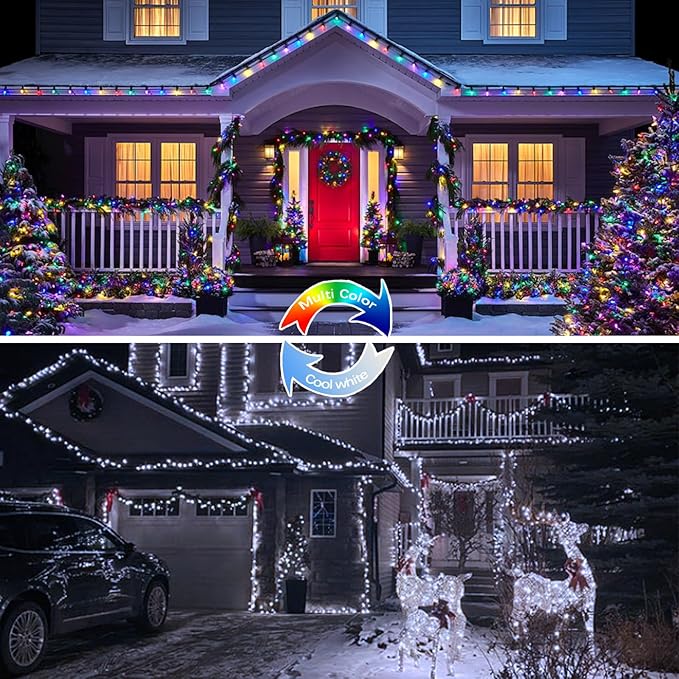 (Cool White ⇋ Multicolor) Solar Christmas String Lights Outdoor, 2-Pack 80FT 200 LED Waterproof Silver Wire, Solar Twinkle Lights with 8 Modes Solar Fairy Light for Tree Garden Wedding Christmas Decor-VerdiqueGarden