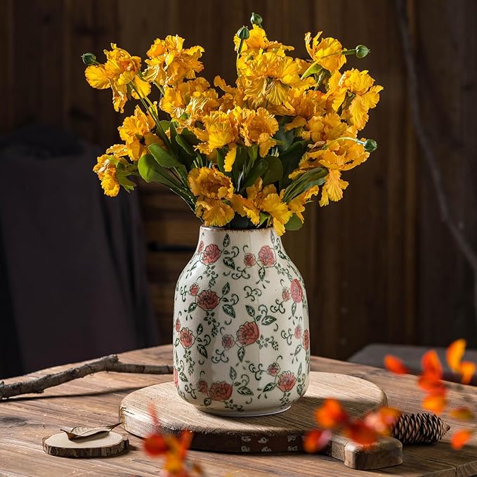 Green and Beige Vintage Round Vase, Red Rose Chinoiserie Floral Vase, Farmhouse Antique Decorative Ceramic Flower Vases for Bouquet, Home Decor, Living Room, Bookshelf, Office, Tuscan Decor 7.8 Inch-VerdiqueGarden