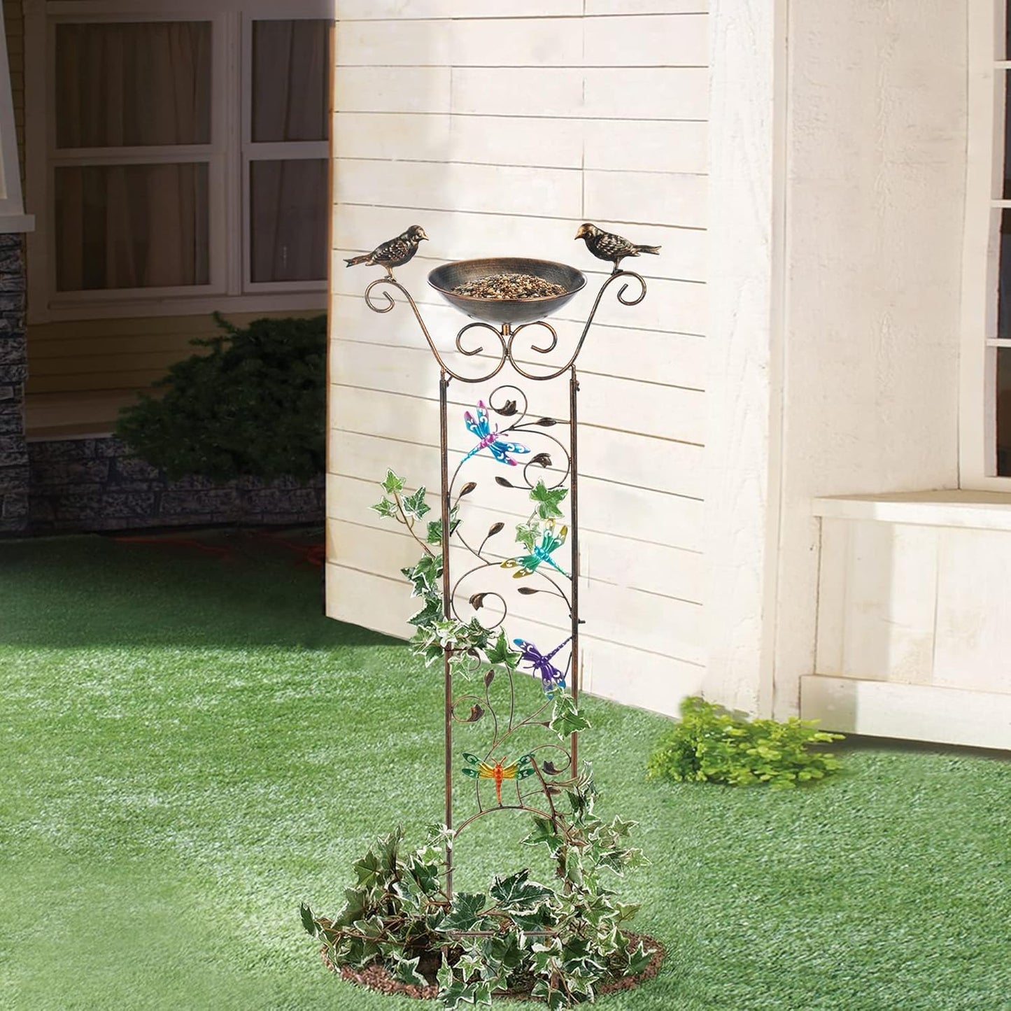 SUNNYPARK Bird Bath with Trellis Outdoor, Antique Garden Iron Plant Trellis with Decorative Dragonfly Detachable Bird Bath Bowl Metal Potted Plant Support for Climbing Flowers-VerdiqueGarden