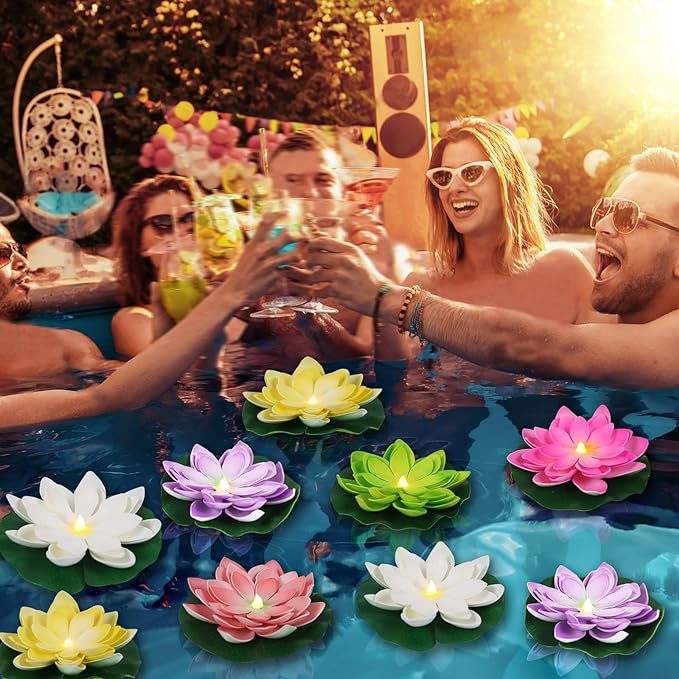12 PCS Waterproof Floating Lotus Light - Diwali 5 Inch Floating Flower Light Battery Operated Water Activated Warm White Light Pool Flower Lamp Wedding,Anniversary,Garden Decoration(Mix-Color)-VerdiqueGarden