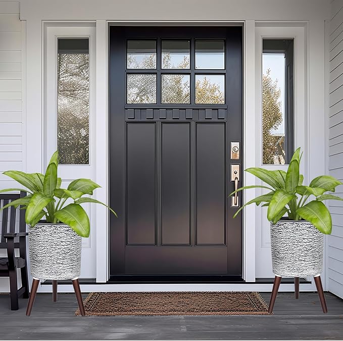 12 Inches Plant Pots with Stand Mid Century Flower Pots with Wood Legs Large Mode Cylinder Planter with Drainage Holes for Indoor Plants,Garden,Decorative-Grey-VerdiqueGarden