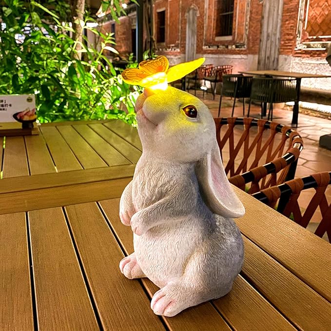 Solar Rabbit Statue Easter Bunny Decor Garden Statue for Outside, Rabbit with Butterfly Patio Sculptures Lawn Ornament, Funny Gifts for Women Mom Grandma Spring Outdoor Decor-VerdiqueGarden