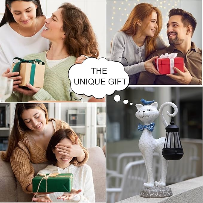 Solar Outdoor Garden Statues Light,Cat Figurines with Cute Birds Garden Sculpture Decor, Unique Christmas Gifts for Women, Men or Daughter, Housewarming Gifts and Yard Decoration-VerdiqueGarden