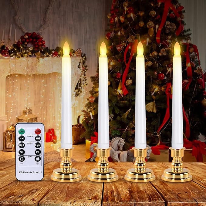 JOSU LED Window Candles, Christmas Flameless Window Candle Lights with Timer Battery Operated, 4 3D Wick Light Candle+4 Removable Gold Candleholders+Remote, for Decor &Festival Celebration-VerdiqueGarden