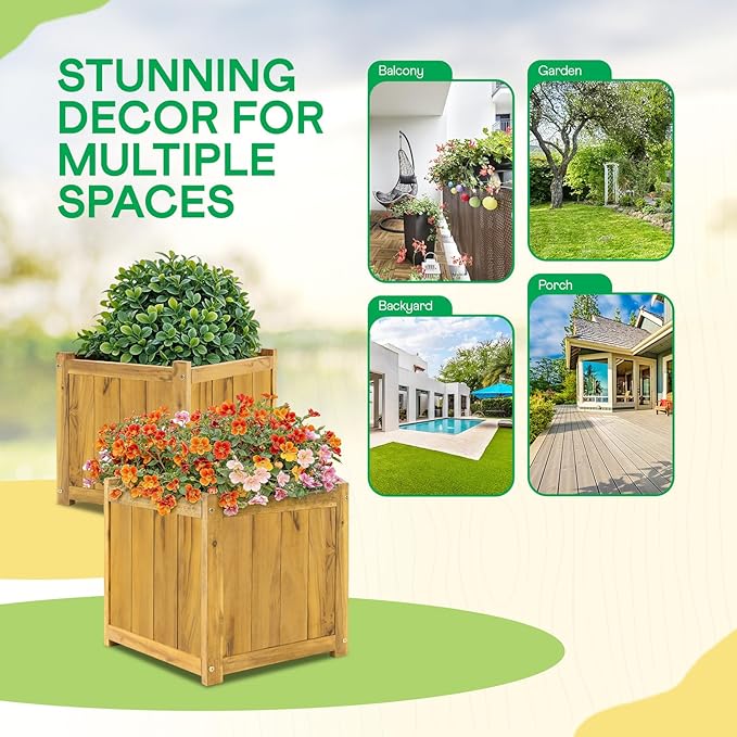 IDZO Set of 2 Acacia Wood Flower Planters for Outdoor Plants, Ergonomic Handles, Drainage Holes, Various Sizes, Ideal for Home Décor, Golden Teak-VerdiqueGarden