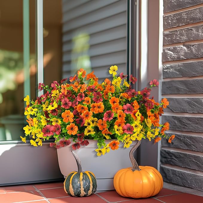 Artificial Fake Hanging Plants Flowers Basket, Faux Silk Daisy in Planter Realistic UV Resistant for Outside Home Patio Balcony Yard Spring Outdoor Decoration (Orange Brown Yellow)-VerdiqueGarden