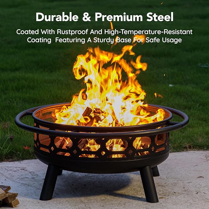 36 Inch Fire Pit, Outdoor Wood Burning Firepit with Removable Grill & Poker, Heavy Duty Metal Round Fireplace,2 in 1 Large Bonfire for Outside,BBQ,Yard,Patio-VerdiqueGarden