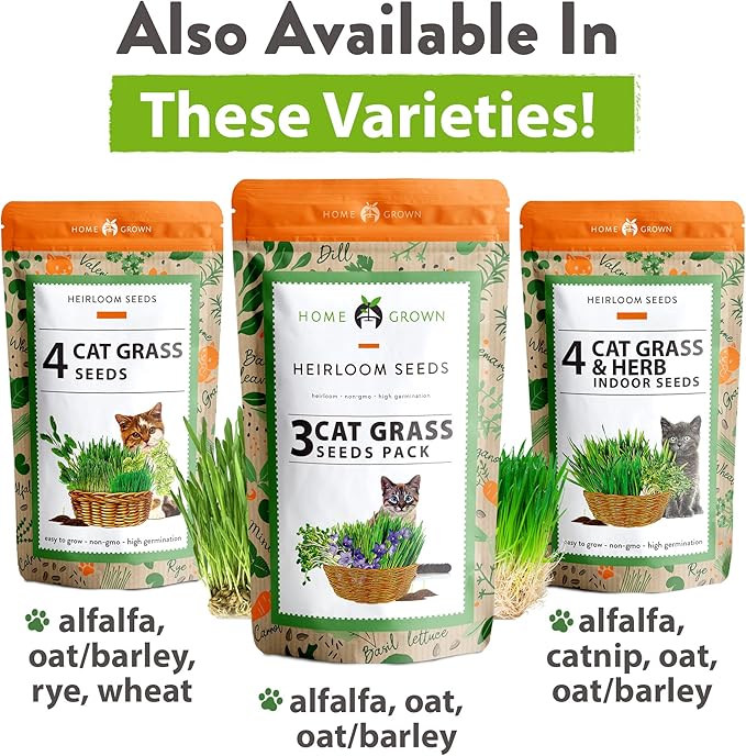 HOME GROWN Cat Grass Seed Mix – Non-GMO Oat, Alfalfa, Rye & Wheat Seeds for Cats | Indoor Pet Grass with Fast Germination | Digestive Aid, Hairball Relief & Safe Chew Alternative-VerdiqueGarden