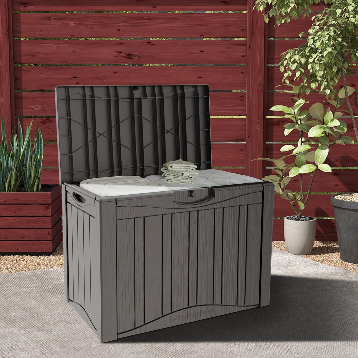 50GAL Brown Deck Box with Special Pattern & Lock Hole – Waterproof, SGS - Approved UV Resistance, Stylish Storage for Outdoor Cushions & Decor, Effortless Assembly-VerdiqueGarden