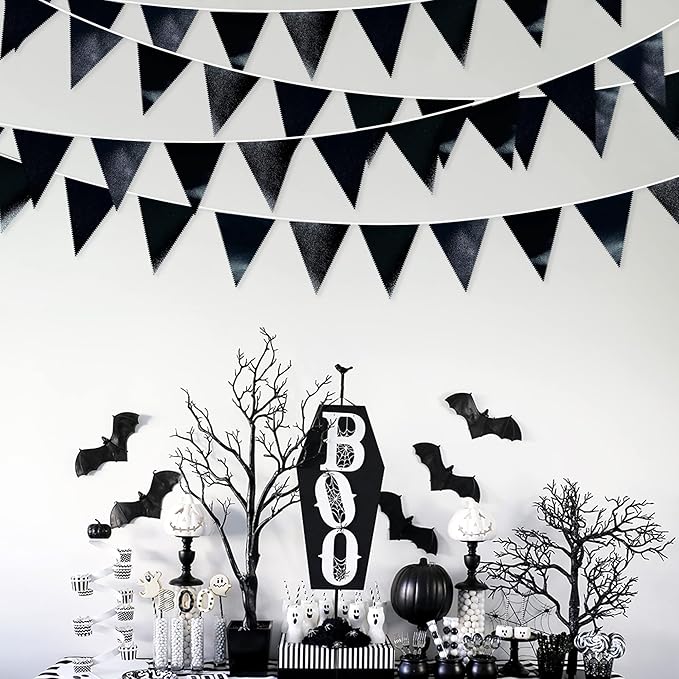 Black Party Decorations Triangle Pennant Banner Flag Black Metallic Fabric Bunting Garland for Graduation Birthday Wedding Engagement Bachelorette Holiday Halloween Celebration Hen Party Supplies-VerdiqueGarden