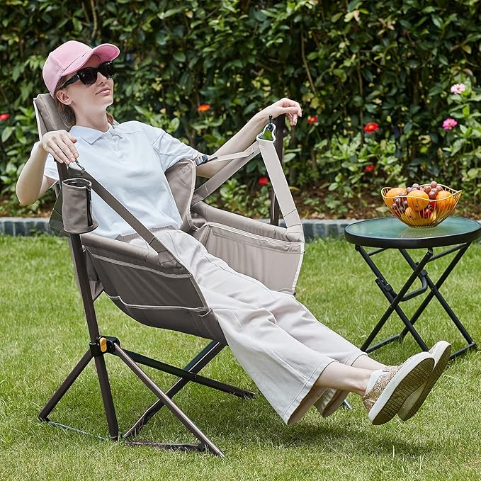 TIMBER RIDGE Hammock Camping Chair with Adjustable Backrest, Heavy Duty Folding Hammock Chair Supports 300lbs, Portable Hammock Chair for Camping, Travelling and Patio, Tan-VerdiqueGarden