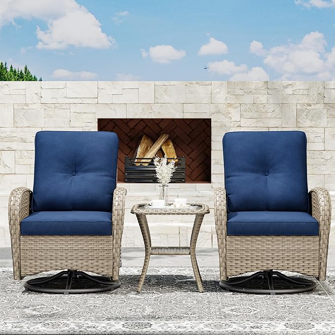 Joyside Outdoor Swivel Rocker Chairs, 3 Piece Wicker Patio Set with Thick Cushion and Side Table, Rattan Patio Swivel Rocking Chairs for Porch, Deck Use (Natural/Blue, 3 PCS)-VerdiqueGarden