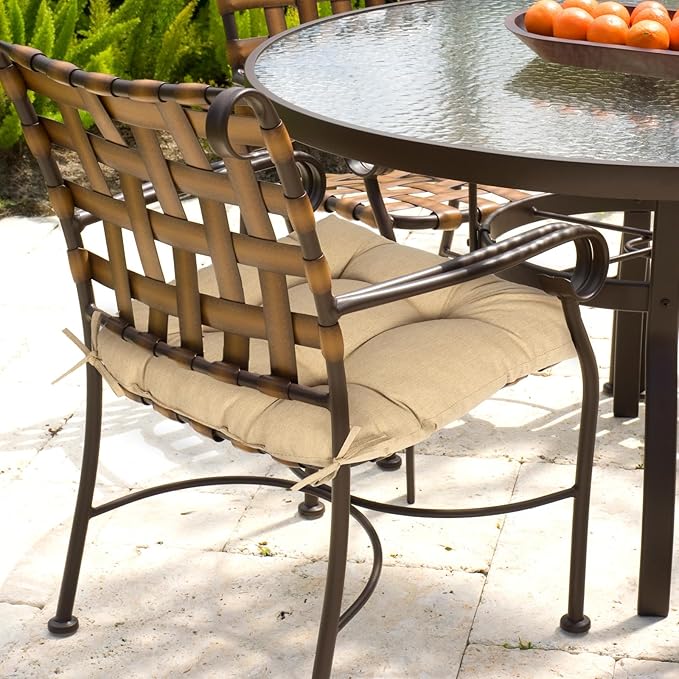 Aoodor 19" x 19" x 5" Tufted Outdoor Chair Cushions, Water Resistant & Fade Resistant Polyester Dining Chair Pads with 2 Straps for Patio Furniture, Set of 2-VerdiqueGarden