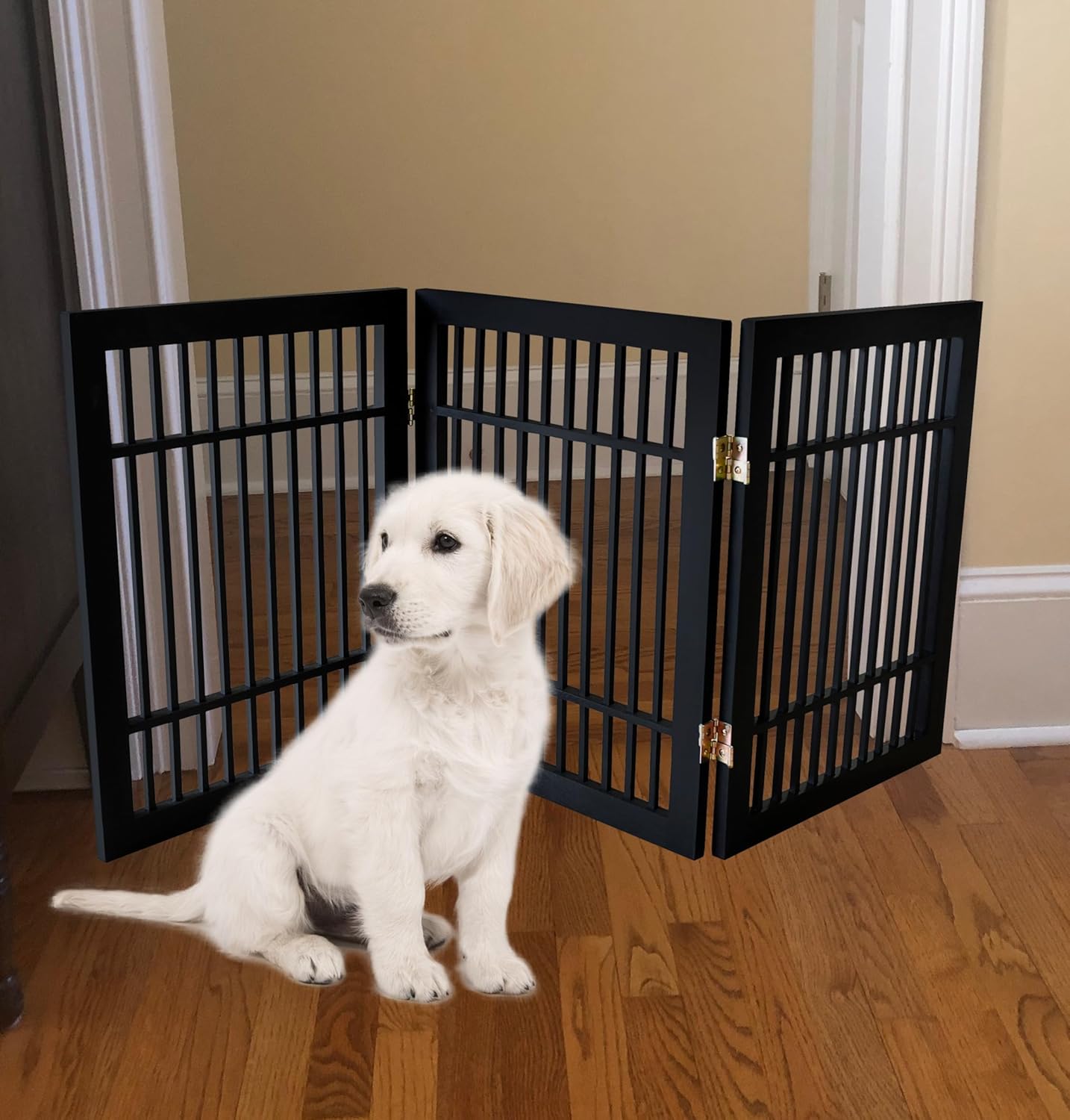 Pet Dog Gate Strong and Durable Freestanding Folding Acacia Hardwood Portable Wooden Fence Indoors or Outdoors by Urnporium (Black Pet Gate, 3 Panel 24" Tall)-VerdiqueGarden
