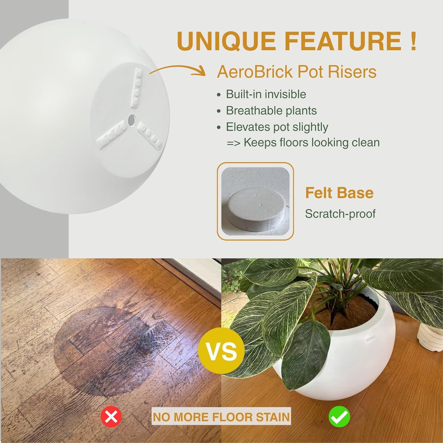 9.7" H x 12" D Globo Fiberstone Round Planter with Drainage Hole, Weather Resistant, Smooth Finish, Planters for Indoor Plants & Outdoor, 2 Extra Coco Mats (White, 7.8" Pot Opening)-VerdiqueGarden