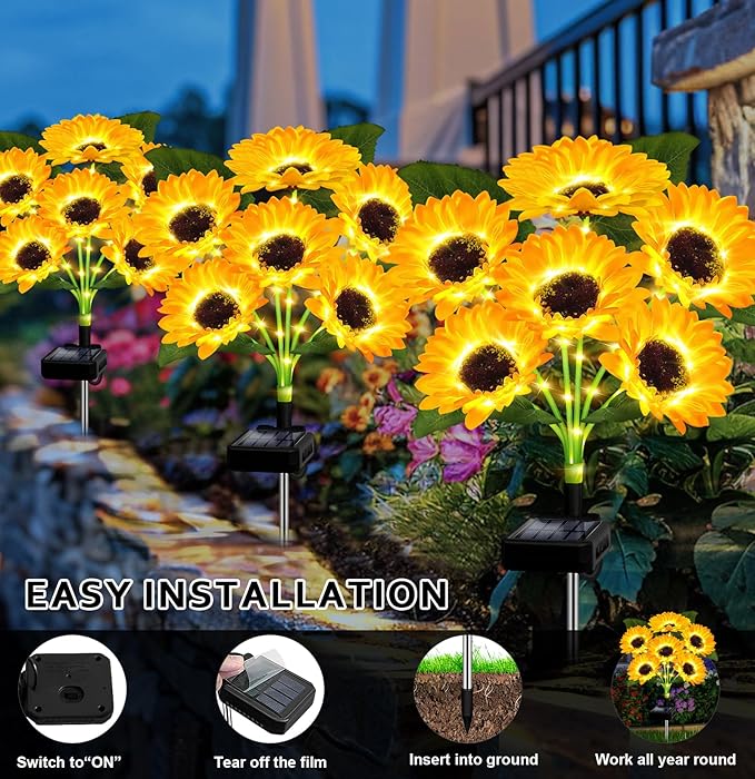 Solar Lights Outdoor Garden Decor,4 Pack with 24 Sunflower Lights,Solar Flowers Lights Waterproof,Sunflowers Gifts for Mom Women Grandma Birthday,Decorative Stakes Lights for Landscape Yard Patio Lawn-VerdiqueGarden