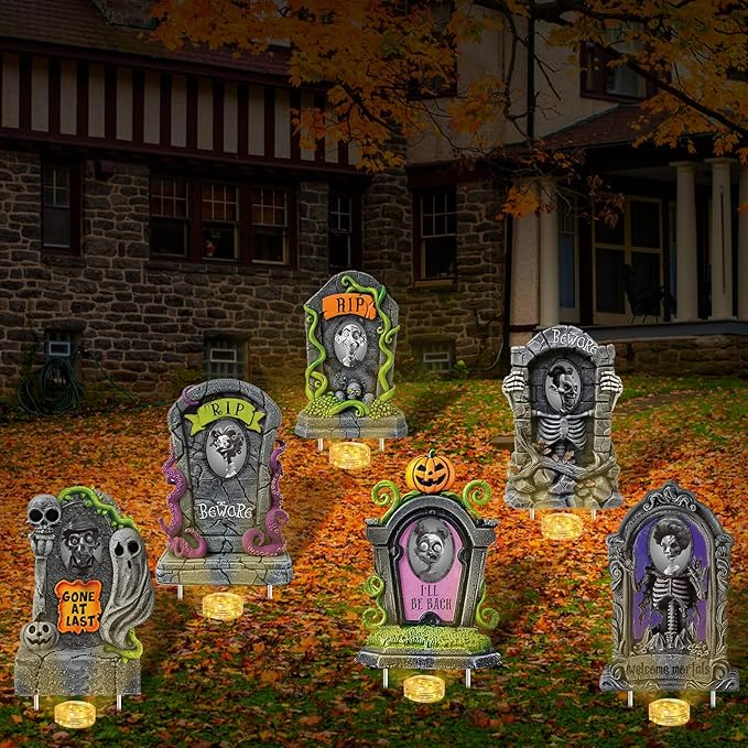 Hiboom 6 Set Large Halloween 3D Changing Face Rip Graveyard Tombstones and 23.6x15.7 Inch Halloween Skeleton Headstone 6 Pcs LED String Lights Halloween Decoration for Yard Garden Lawn-VerdiqueGarden