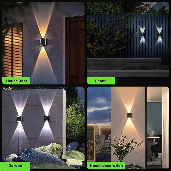 2LED Solar Wall Lights, Up and Down Lighting Solar Outdoor Light Waterproof IP65, 6500K/3000K Solar Fence Light Solar Powered Light for Yard Garden Garage Christmas Decorations (4 Pack)-VerdiqueGarden