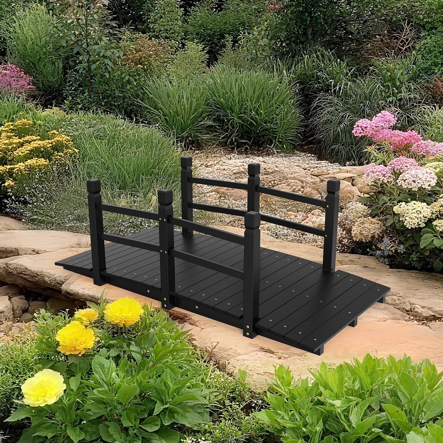 VINGLI Garden Bridge, Classic Wooden Arch with Safety Rails Footbridge (Black, 5 ft)-VerdiqueGarden