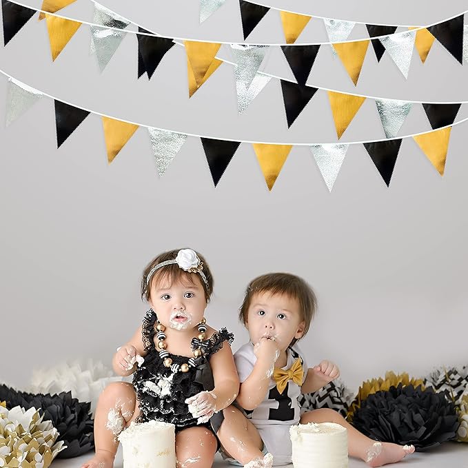 Black Gold Silver Party Decoration Triangle Pennant Banner Flag Metallic Fabric Bunting Garland for Birthday Graduation Anniversary Wedding Bridal Shower Bachelorette Engagement Disco Party Supplies-VerdiqueGarden