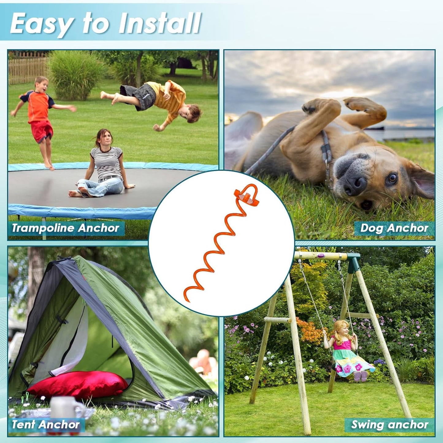 FEED GARDEN 16 Inch Spiral Ground Anchors Heavy Duty Screw in Spiral Stakes, 4 Pack Folding Ring Ground Stakes for Securing Dogs,Tents, Trampolines, Canopies, Swing Sets, Orange-VerdiqueGarden