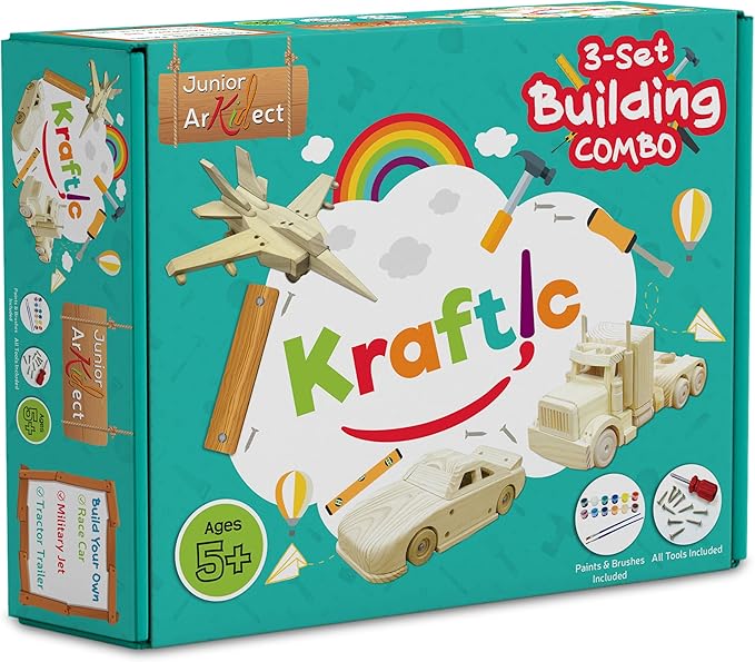 Kraftic Woodworking Building Kit for Kids and Adults, 3 Educational DIY Carpentry Construction Wood Model Kit Toy Projects for Boys and Girls - Build a Wooden Military Jet Race Car and Tractor Trailer-VerdiqueGarden