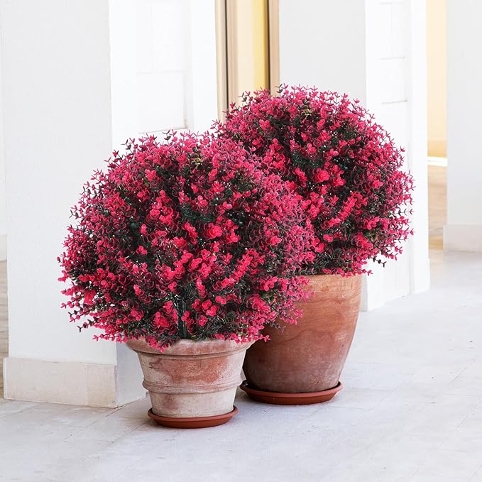 Yunlly 2 Pcs 18 Inch Artificial Boxwood Ball Topiary Tree Fake Outdoor Plants Bush, UV Resistance Faux Shrubs with Spike Realistic Greenery Potted for Indoor Garden Yard Porch Patio Decor (Rose Red)-VerdiqueGarden