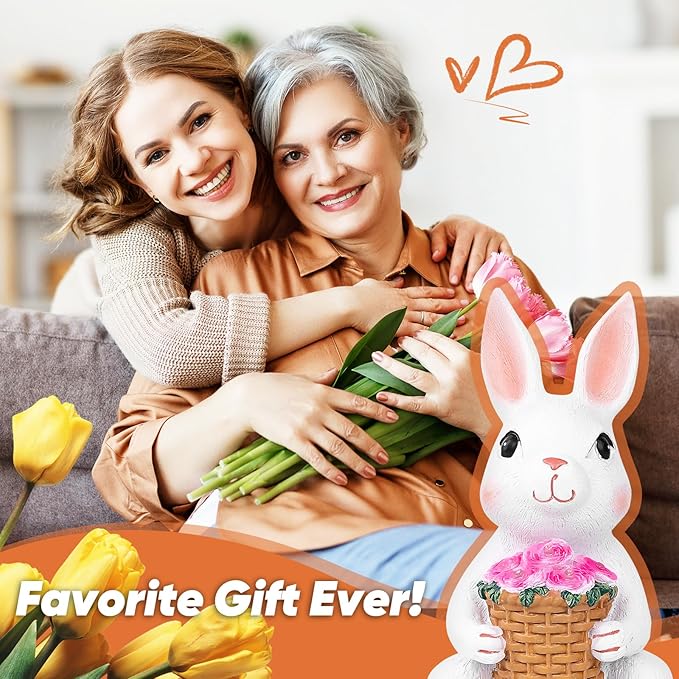 Brightever Solar Powered Garden Statues- Bunny Figurines for Spring & Easter Decor, Outdoor Rabbit Statue with Colorful LED Lights for Patio, Balcony, Lawn, Birthday Gifts for Women, Mom, Grandma-VerdiqueGarden