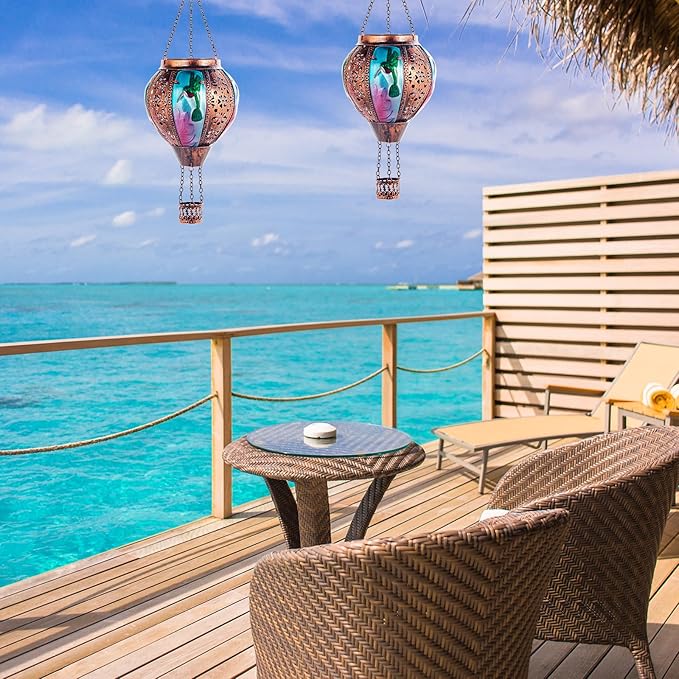 Hot Air Balloon Solar Lantern Hummingbird Lights, Flickering Flame Solar Hanging Lights for Outside,Waterproof for Garden Yard Patio Porch Decoration(Hummingbird)-VerdiqueGarden