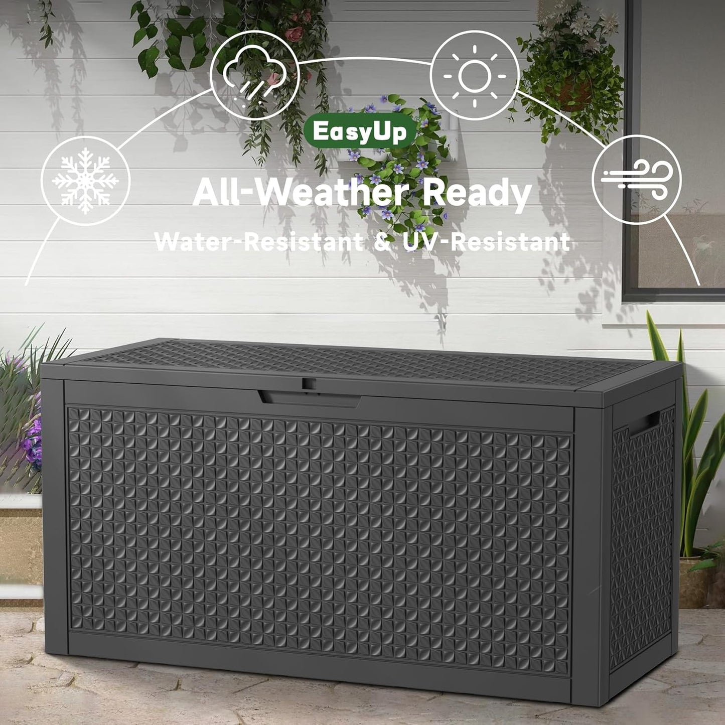 100 Gallon Outdoor Storage Box Waterproof, UV Resistant Resin Deck Box with Hydraulic Rod, Reinforced Stability for Patio, Garden, Quad Leaf Black-VerdiqueGarden