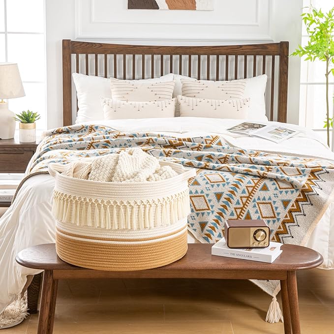 KAKAMAY Large Blanket Basket (20"x13"),Woven Baskets for storage Baby Laundry Hamper, Cotton Rope Blanket Basket for Living Room, Laundry, Nursery, Pillows, Baby Toy chest (Brown Fringe)-VerdiqueGarden