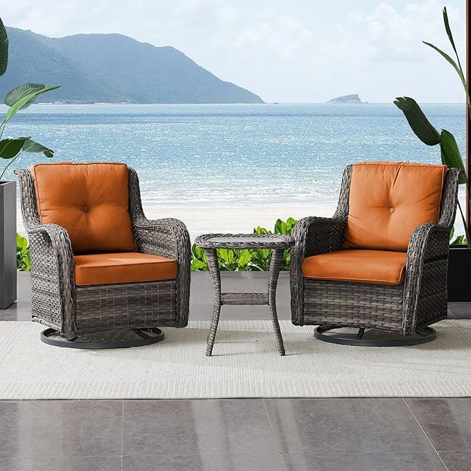 Outdoor Swivel Rocker Wicker Chairs Set of 3, High Back Swivel Patio Chairs Wicker Furniture Set, 2 PCS Rattan Swivel Rocking Chair with Side Table, Orange Cushion-VerdiqueGarden