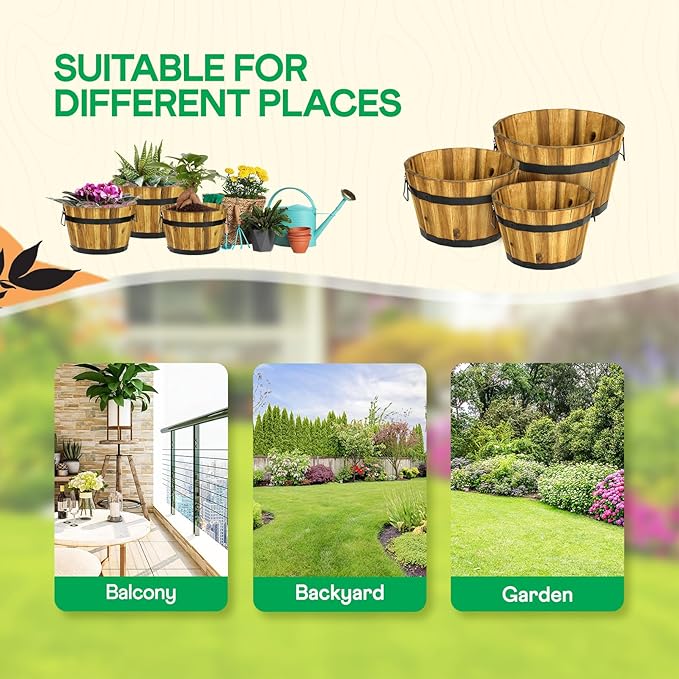 IDZO Set of 3 Wooden Flower Planters for Outdoor Plants, Acacia Wood Barrel Planters, Ergonomic Handles, Drainage Holes, Various Sizes, Golden Teak-VerdiqueGarden