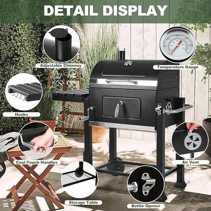 Charcoal Grills, Large Outdoor BBQ Grill Offset Smoker with Side Table Heavy Duty Outside Barbecue Grills Cooking Backyard Patio (Enamel Grill Grate)-VerdiqueGarden